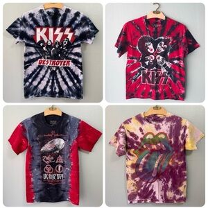 Bundle of 4 Classic Rock Tie-Dye T-Shirts | Kiss, Led Zeppelin, Rolling Stones